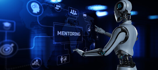 Mentoring Coaching Business Training Personal development. Robot pressing button on virtual screen. 3d render.