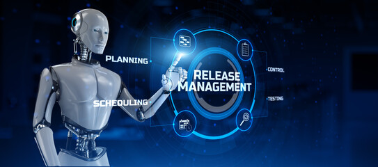 Release management agile development concept. Robot pressing button on virtual screen. 3d render.
