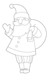 Vector illustration. Hand drawing cartoon character. Santa claus with gifts. Christmas illustration. Coloring page. Postcard Happy New Year and Merry Christmas.