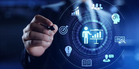 Mentoring Mentor Coaching Personal development concept on virtual screen.