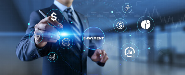 E-payment digital money online banking. Businessman pressing button on screen.