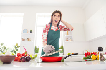 Photo of shocked scared upset young woman wear glove mistake cook pan indoors inside house kitchen