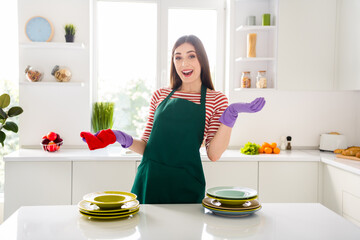 Photo of impressed shiny house wife wear green apron gloves smiling cleaning plates indoors room home house