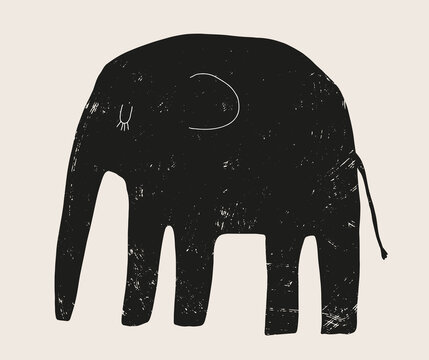 Cute Hand Drawn Nursery Vector Illustration with Big Elephant ideal for Card, Poster, Wall Art. Lovely Childish Style Art with Black Elephat on a Beige Background. Kids Room Decoration. Safari Print.