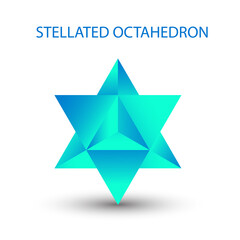 blue Stellated Octahedron, also called Stella octangula, and Polyhedra Hexagon, geometric polyhedral compounds on a white background with a gradient for game, icon, logo, mobile, ui, web. - obrazy, fototapety, plakaty