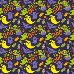 Halloween pattern, funny ghosts and sweets