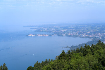 Aerial view of Lake Bodensee with peninsula Lindau (Germany) seen from local mountain Pfänder....