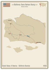 Map on an old playing card of Santa Barbara county in California, USA.