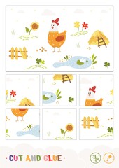 Cut the pieces, collect and glue puzzle learning children game with colorful image of a cartoony chicken walking on a farm backyard.