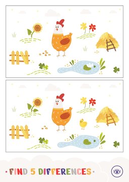 Find five differences quiz game with a cartoony chicken walking on a countryside farm bird yard. Colorful image of domestic animal.