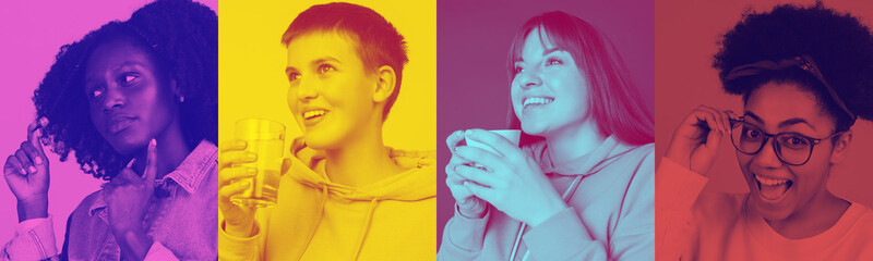 Young multiethnic women with bright facial expression on multicolored background. Trendy, modern...