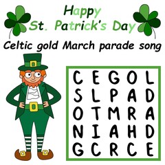 Happy St Patrick Day word search puzzle vector illustration. Funny word game in English for children with a funny leprechaun
