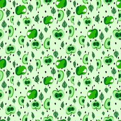 Green apples with leaves and seeds seamless pattern vector. Hand-drawn irregular fruit pattern by green and black and white. Funny monochrome pattern for kitchenware, clothes and home decor