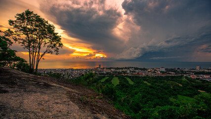 Natural background, wide angle of sky and clear air, overlooking mountains, green trees surrounding it, with cool blurry winds throughout the journey.