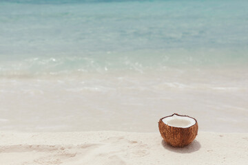 Coconut on a sandy beach in Maldives, with sea in the background