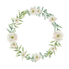 Watercolor illustration card with wreath green eucalyptus and ranunculus. Isolated on white background. Hand drawn clipart. Perfect for card, postcard, tags, invitation, printing, wrapping.