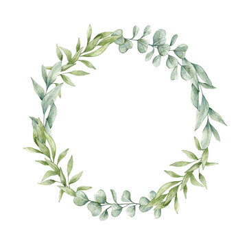 Watercolor illustration card with eucalyptus wreath. Isolated on white background. Hand drawn clipart. Perfect for card, postcard, tags, invitation, printing, wrapping.