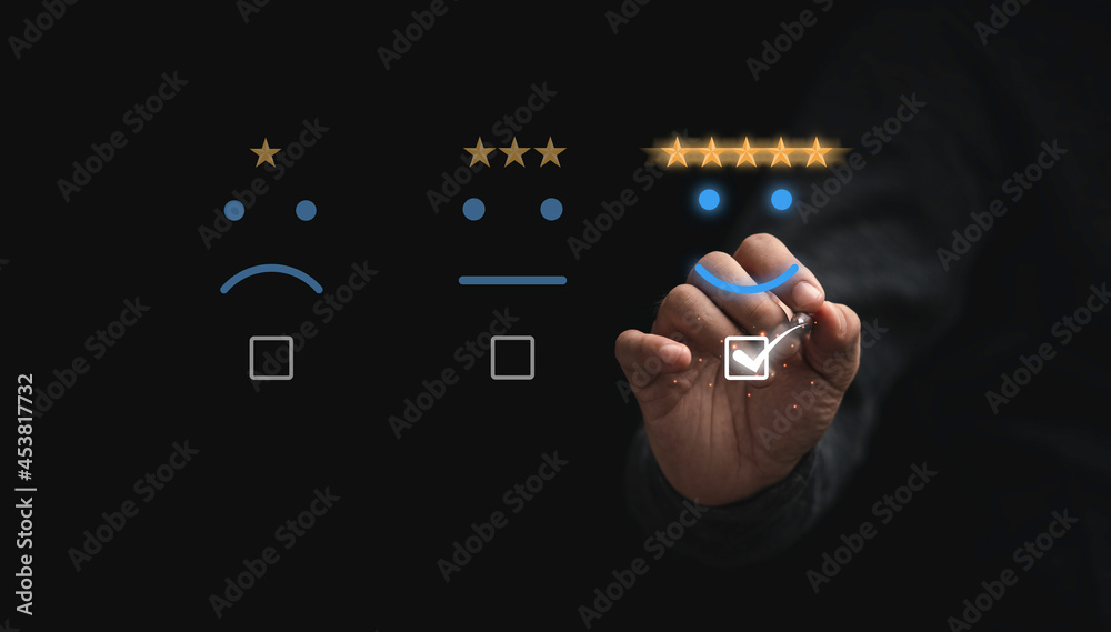 Poster businessman touching button to select five stars with smiley face for the best excellent evaluation 