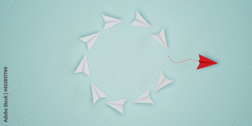 Canvas Prints Disruption and technology transformation concept , Red paper airplane move out from circle white paper airplane on blue background by 3d render.