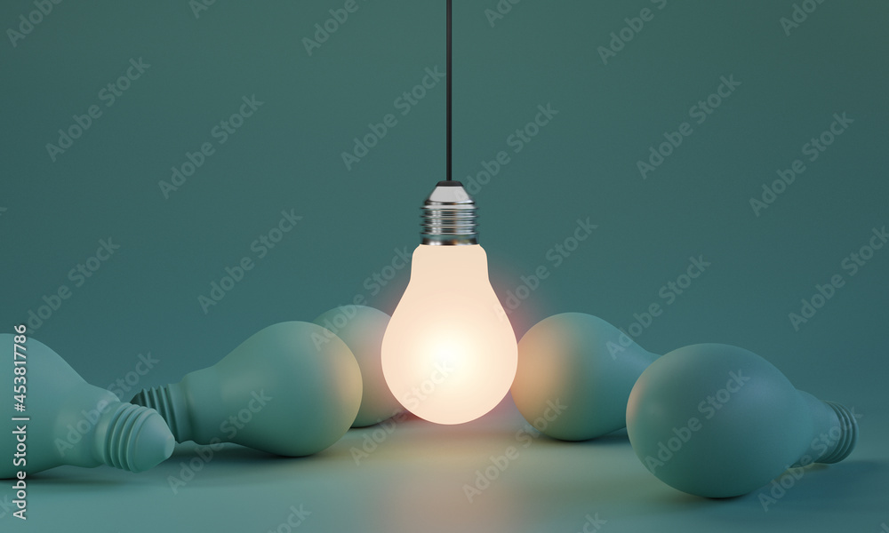 Fototapete One of Lightbulb glowing among shutdown light bulb  in dark area with copy space for creative thinking , problem solving solution and outstanding concept by 3d rendering technique.