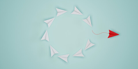 Disruption and technology transformation concept , Red paper airplane move out from circle white paper airplane on blue background by 3d render. - obrazy, fototapety, plakaty