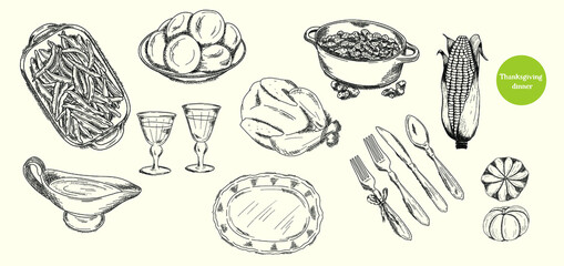 Thanksgiving dinner, view. Food vector illustrations for tradition festive menu. Thanksgiving turkey, bfall seasonal vegetables, cranberry sauce, green beans, pumpkin, cutlery, glass, gravy and corn.