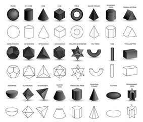 Set of realistic 3D black geometric shapes isolated on white background. Mathematics of geometric shapes, linear objects, contours. Platonic solid. Icons, logos for education, business, design - obrazy, fototapety, plakaty