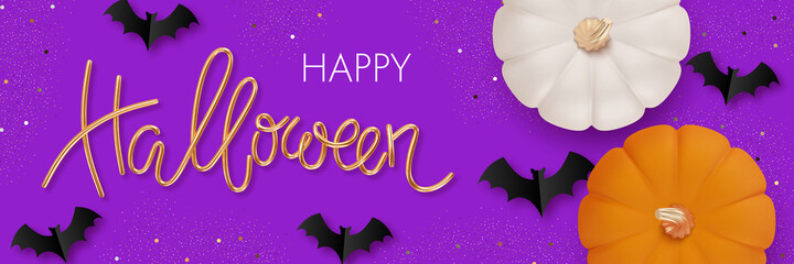 Happy Halloween greeting card or party invitation template with 3d pumpkins. Vector illustration