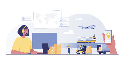 International Shipping service.  Global logistics delivery network. Worldwide Parcel Services.  vector illustration - obrazy, fototapety, plakaty