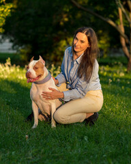 Brunette woman in casual clothes squatting on grass in park and hugging bicolor white-brown enthusiastic american pitbull terrier dog at sunset. Walking and training happy dog outside