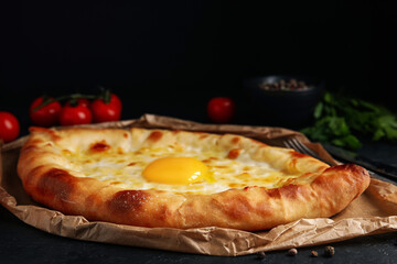 Fresh delicious Adjarian khachapuri served on black table