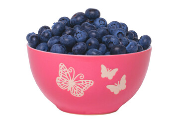 Closeup of fresh blueberries in a decorative ceramic bowl isolated on a white background . Concept of healthy nutrition. Space for your design.