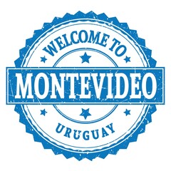 WELCOME TO MONTEVIDEO - URUGUAY, words written on blue stamp