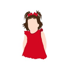Little girl in red dress with tails. Cute child cartoon flat lay style illustration 