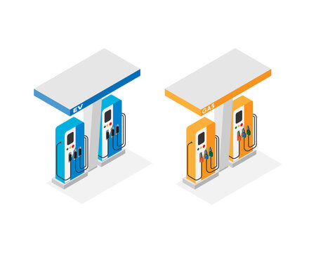 Electric Vehicle Charger Station And Gas Station In Isometric Graphic