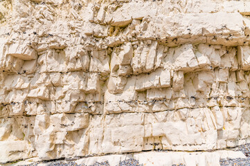 A closeup of the chalk cliff face at the Birling Gap, UK in early summer