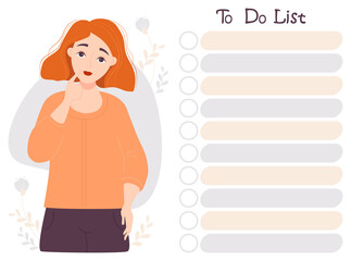 To-do list organizer. A cute red-haired pensive girl looks at the to-do list. Vector illustration. Note paper, day planning, time management. Drawing in flat style for print, design and decor