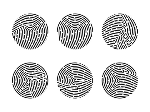 Set of vector illustrations of security fingerprint authentication. Finger identity, technology biometric illustration. Fingerprint template collection