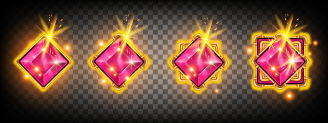 Game gem crystal stone vector set, UI jewel treasure achievement badge design, magic royal jewelry. Golden crystal shiny level up reward kit on transparent background. Ranking game gem concept