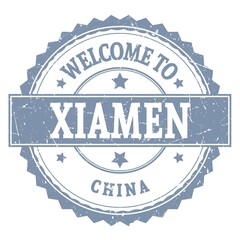 WELCOME TO XIAMEN - CHINA, words written on gray stamp