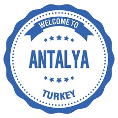 WELCOME TO ANTALYA - TURKEY, words written on blue stamp
