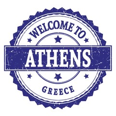WELCOME TO ATHENS - GREECE, words written on dark blue stamp