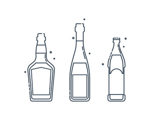 Bottle whiskey wine and beer line art in flat style. Restaurant alcoholic illustration for celebration design. Design contour element. Beverage outline icon. Isolated on white backdrop.