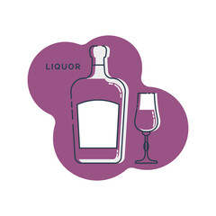 Bottle and glass liquor line art in flat style. Restaurant alcoholic illustration for celebration design. Design contour element. Beverage outline icon. Isolated on shape background in graphic style