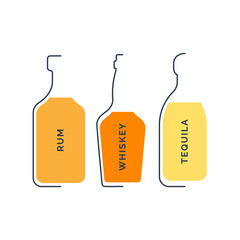 Bottle rum, tequila and whiskey in linear style on white background. Black thin outline in the form of a contour shadow and color fill. Modern flat style illustration. Circuit drink symbol
