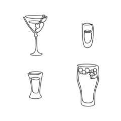 One line drawing martini rum tequila beer glass on white background. Set objects. Black white cartoon graphic sketch. Continuous line way. Hand drawn party drinks concept. Freehand drawing style