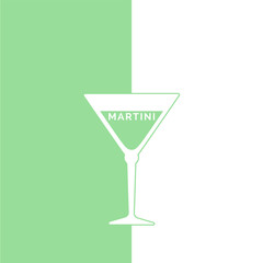 Martini glass in minimalist linear style with text. Contour of glassware on right side in form of fine line. Drink is depicted in form of shape with colored fill. Isolated image on white backdrop