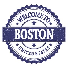 WELCOME TO BOSTON - UNITED STATES, words written on blue stamp