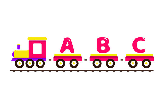 train illustration with letters, various colors for children learning to read, train vector, Art & Illustration