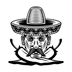 Mexican man head with mustache in sombrero hat and two crossed chili peppers vector illustration in monochrome style isolated on white background
